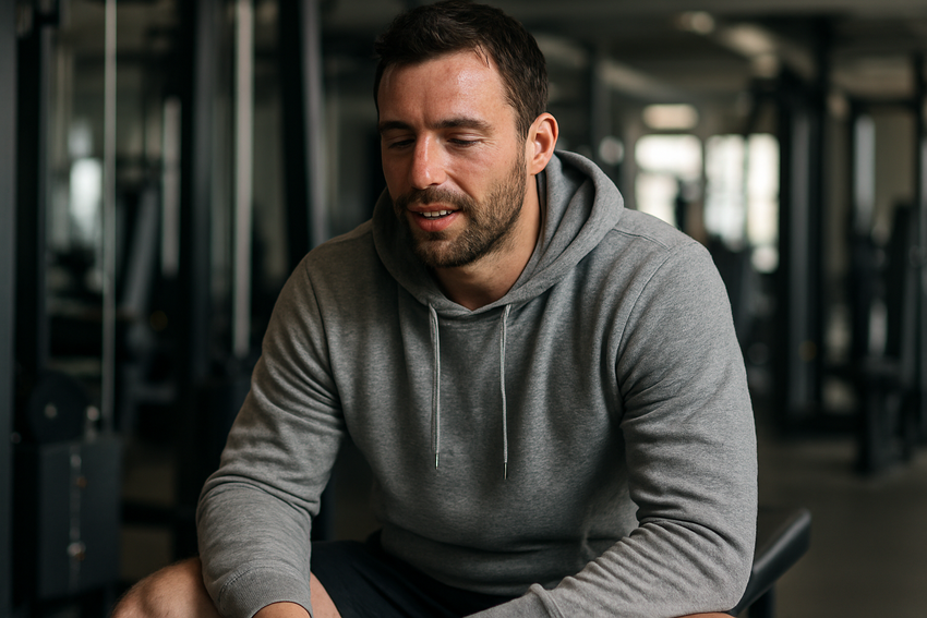man sitting with hoodie on after workout realistic background